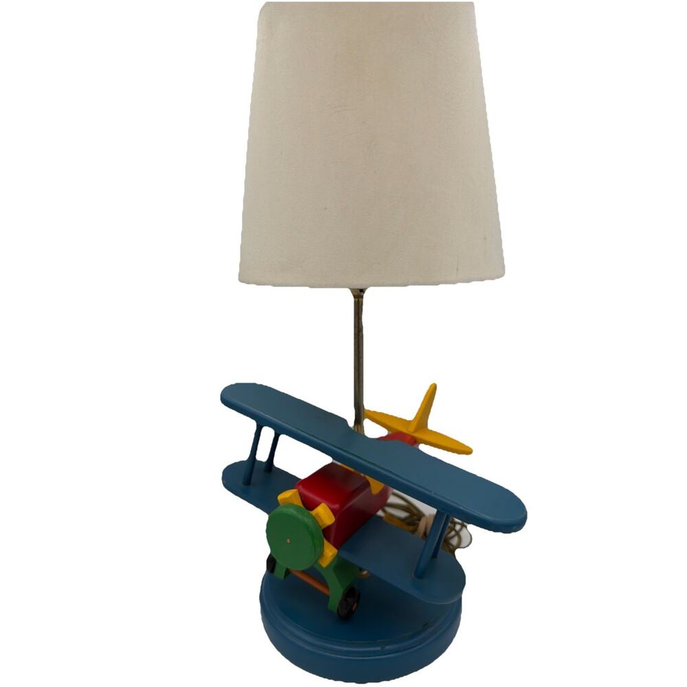Vintage Childrens Airplane 14x10” Bedroom Table Lamp Primary Colors Nursery Wood